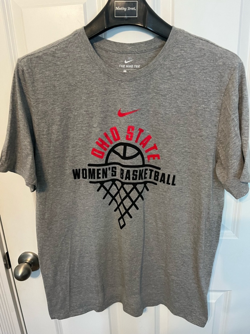Nike Gray Women's Basketball Tee with Red and Black Logo